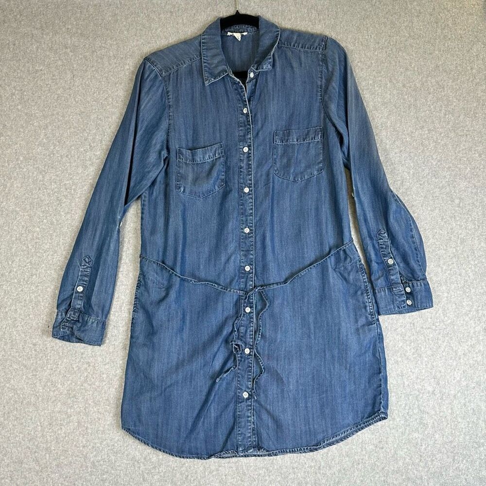 Soft Joie Womens Small Button Front Short Dress Blue Belted Tie Waist Lyocell